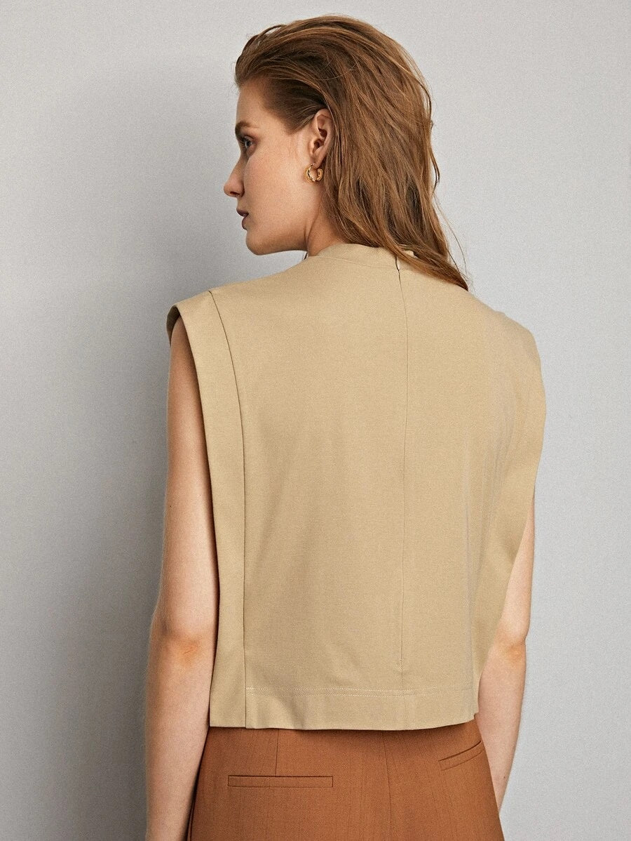 CM-TS605386 Women Casual Seoul Style Sleeveless Mock Neck Zip Back Solid Top - Khaki
