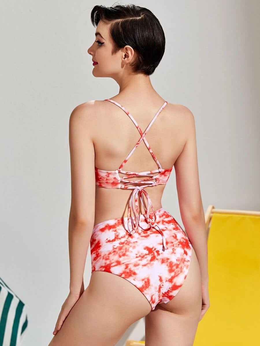 CM-SWS707195 Women Trendy Seoul Style Tie Dye V-Wired Ruched High Waisted Bikini Swimsuit