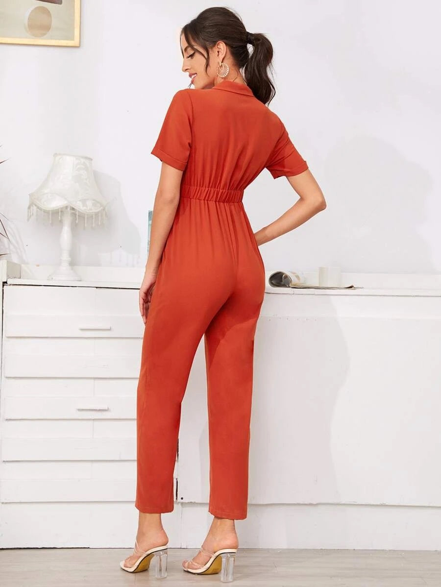 CM-JS707532 Women Casual Seoul Style Short Sleeve Solid Button Front Shirt Jumpsuit - Orange