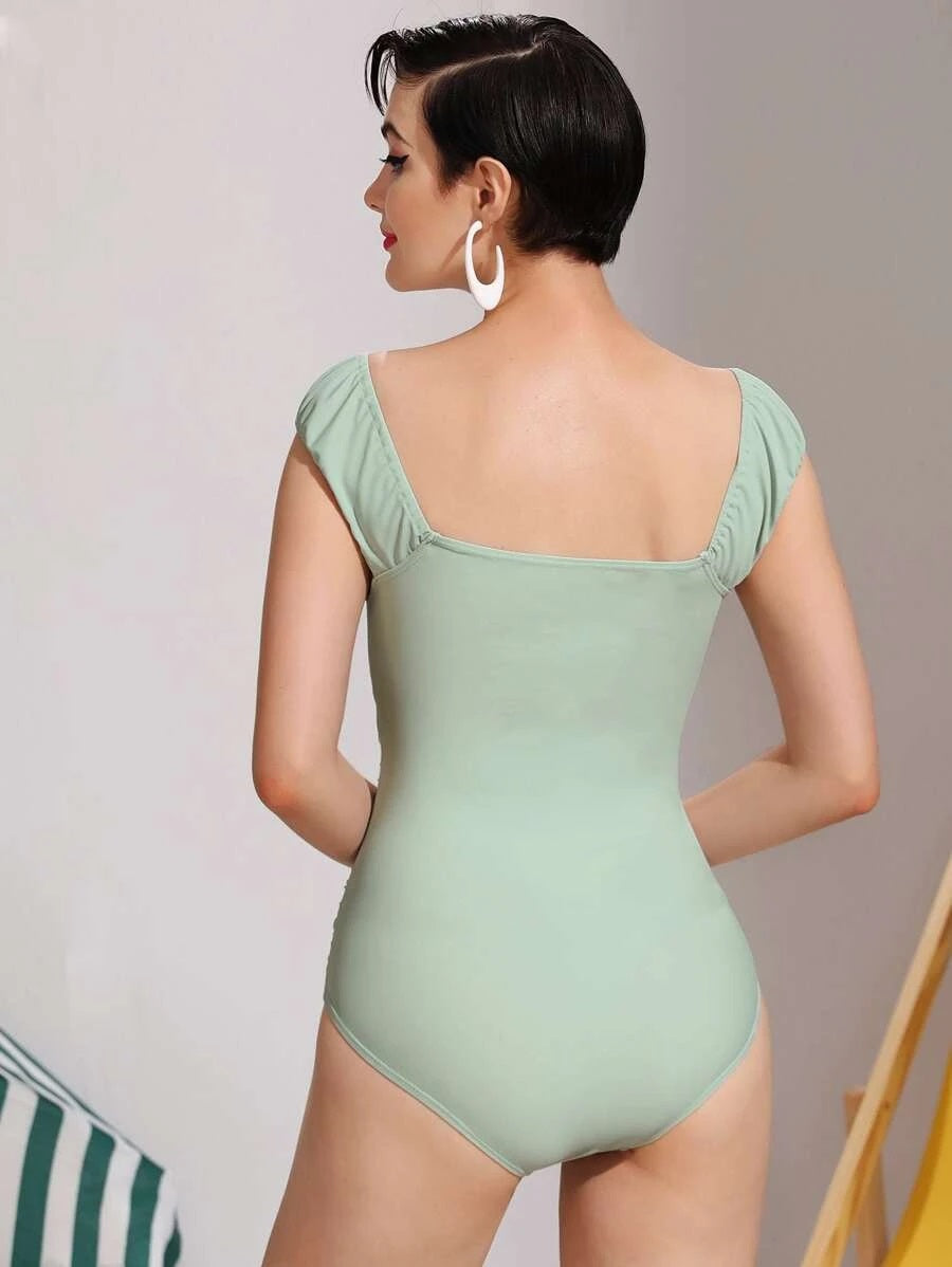 CM-SWS708800 Women Trendy Seoul Style Lace-Up Front Ruched One Piece Swimsuit - Mint Green