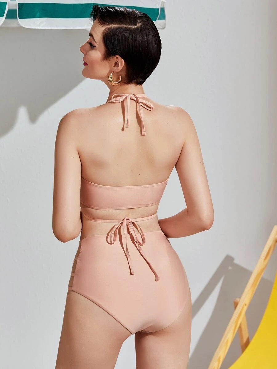 CM-SWS709842 Women Trendy Seoul Style Glitter Cut-Out Wrap Halter Bikini Swimsuit - Dusty Pink