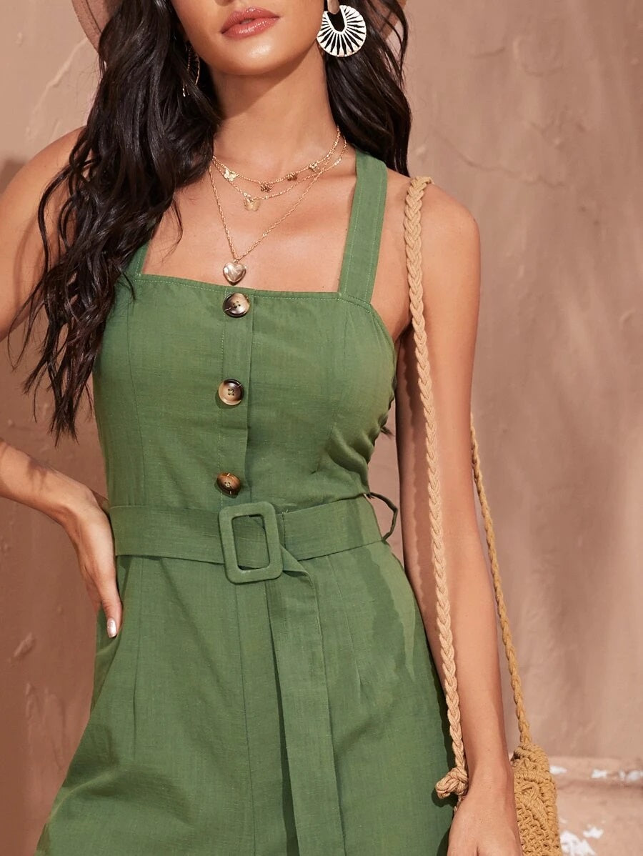 CM-JS616130 Women Casual Seoul Style Criss Cross Back Belted Cami Wide Leg Jumpsuit - Army Green