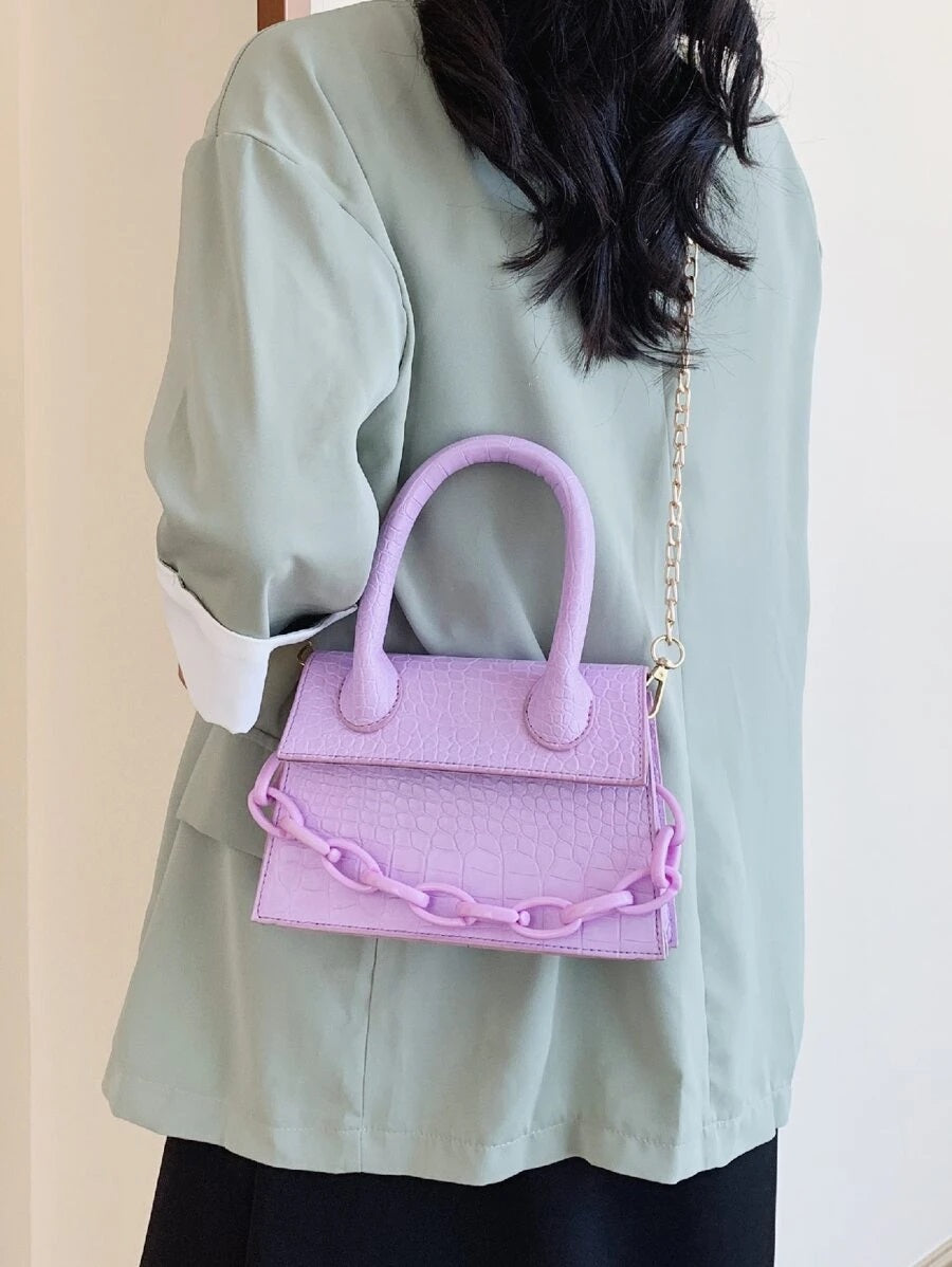 CM-BGS713210 Women Trendy Seoul Style Chain Croc Embossed Satchel Bag - Purple