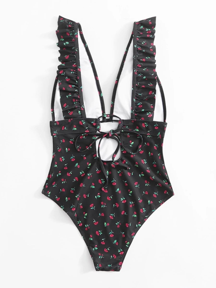 CM-SWS713263 Women Trendy Seoul Style Ditsy Floral Ruffle One Piece Swimsuit - Black