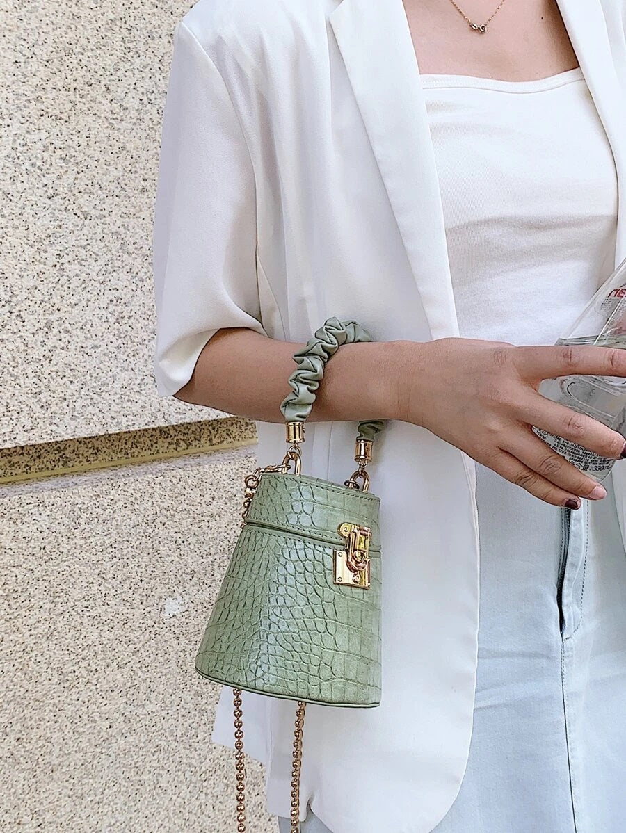 CM-BGS714435 Women Trendy Seoul Style Mini Ruched Croc Embossed Box Bag - Green