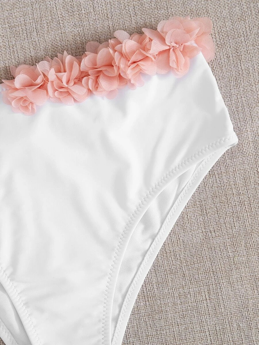 CM-SWS715226 Women Trendy Seoul Style Appliques One Shoulder Bikini Swimsuit - White