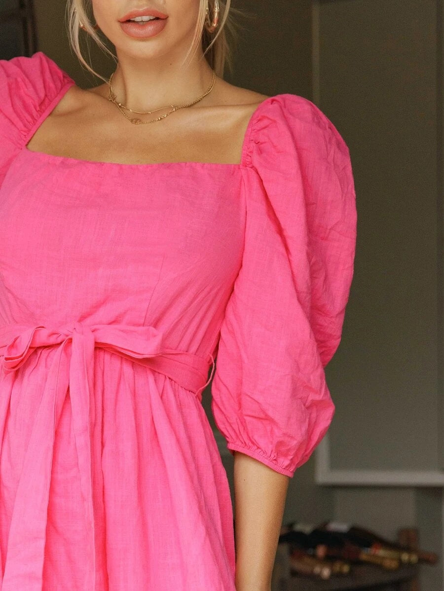 CM-DS606921 Women Casual Seoul Style Square Neck Puff Sleeve Belted Dress - Pink