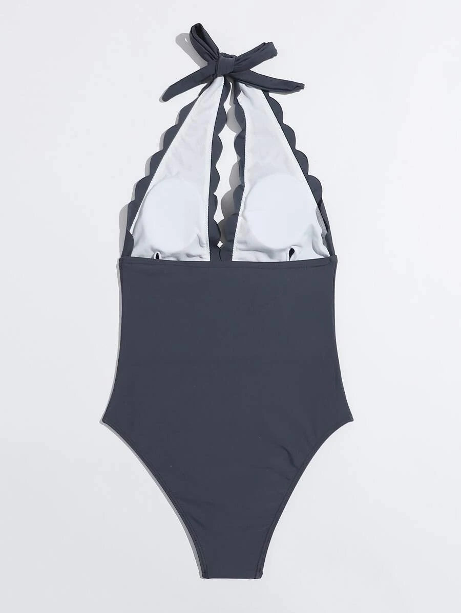 CM-SWS721984 Women Trendy Seoul Style Scallop Trim Halter One Piece Swimsuit - Black