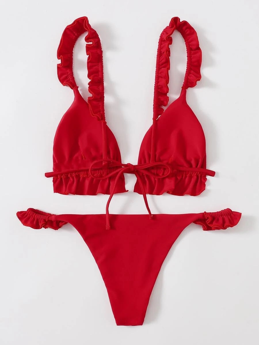 CM-SWS723703 Women Trendy Seoul Style Frill Triangle Thong Bikini Swimsuit - Red