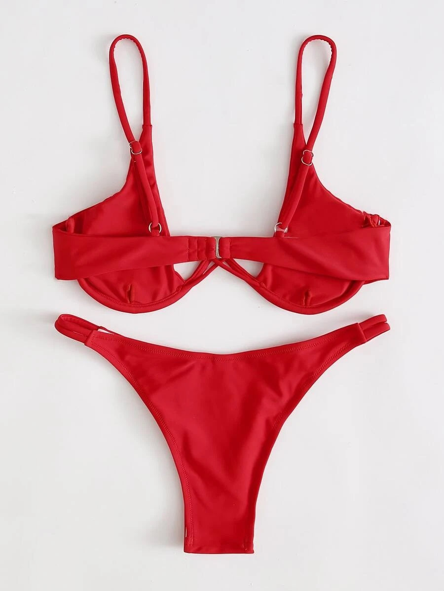 CM-SWS723403 Women Trendy Seoul Style Underwire Thong Bikini Swimsuit - Red