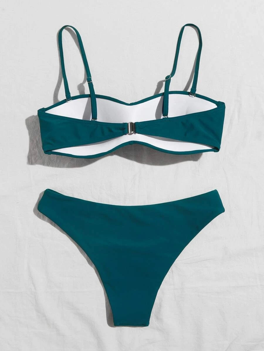 CM-SWS724308 Women Trendy Seoul Style Twist Push Up Bandeau Bikini Swimsuit - Green