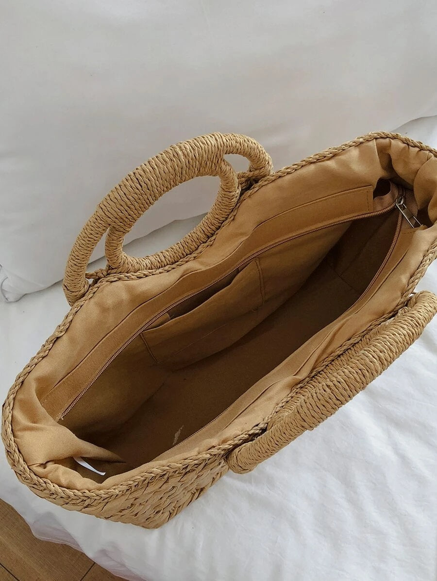 CM-BGS724142 Women Trendy Bohemian Style Double Handle Braided Tote Bag - Khaki