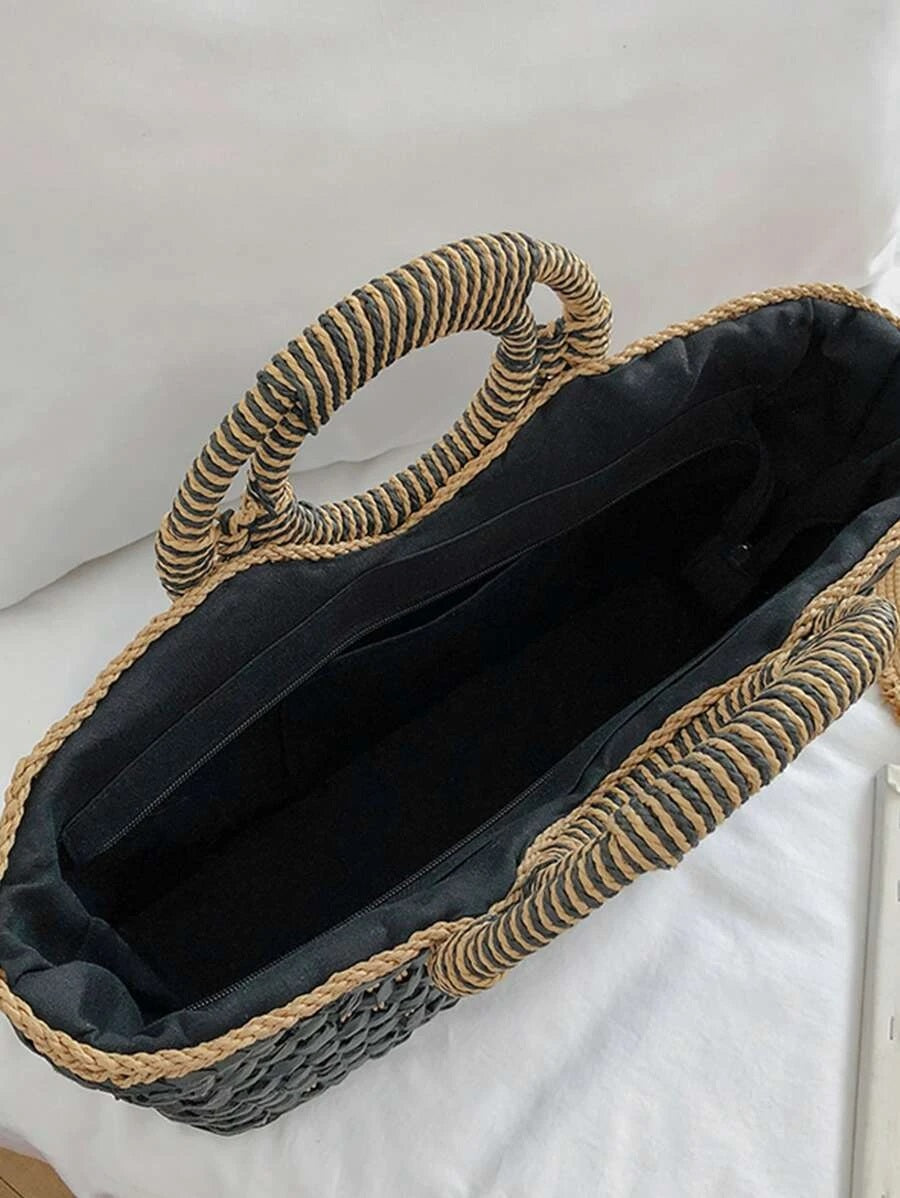 CM-BGS724991 Women Trendy Bohemian Style Double Handle Braided Tote Bag - Black
