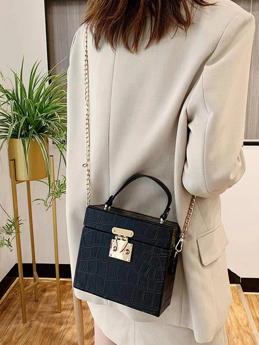 CM-BGS731554 Women Trendy Seoul Style Croc Embossed Box Bag - Black