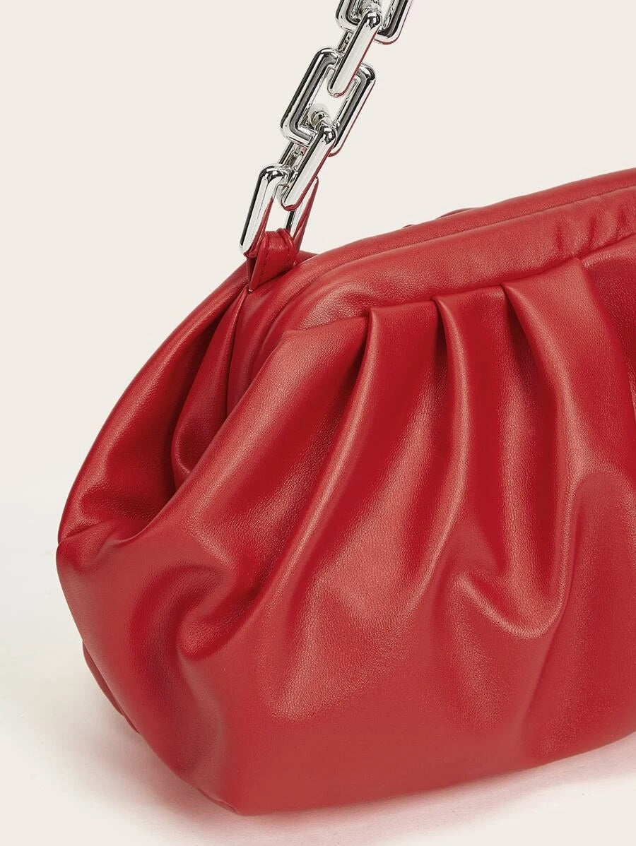 CM-BGS723216 Women Trendy Seoul Style Chain Handle Ruched Bag - Red