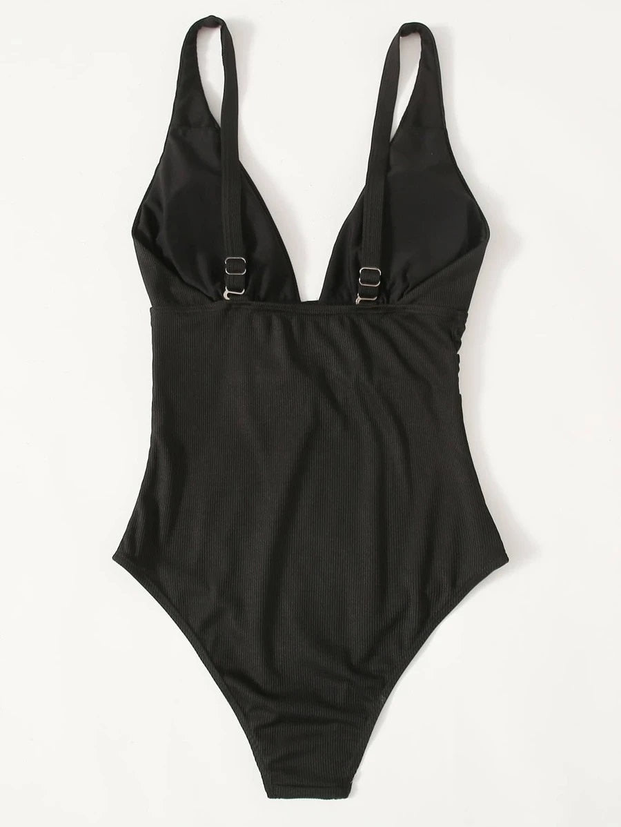 CM-SWS803545 Women Trendy Seoul Style Plain Ruched One Piece Swimsuit - Black