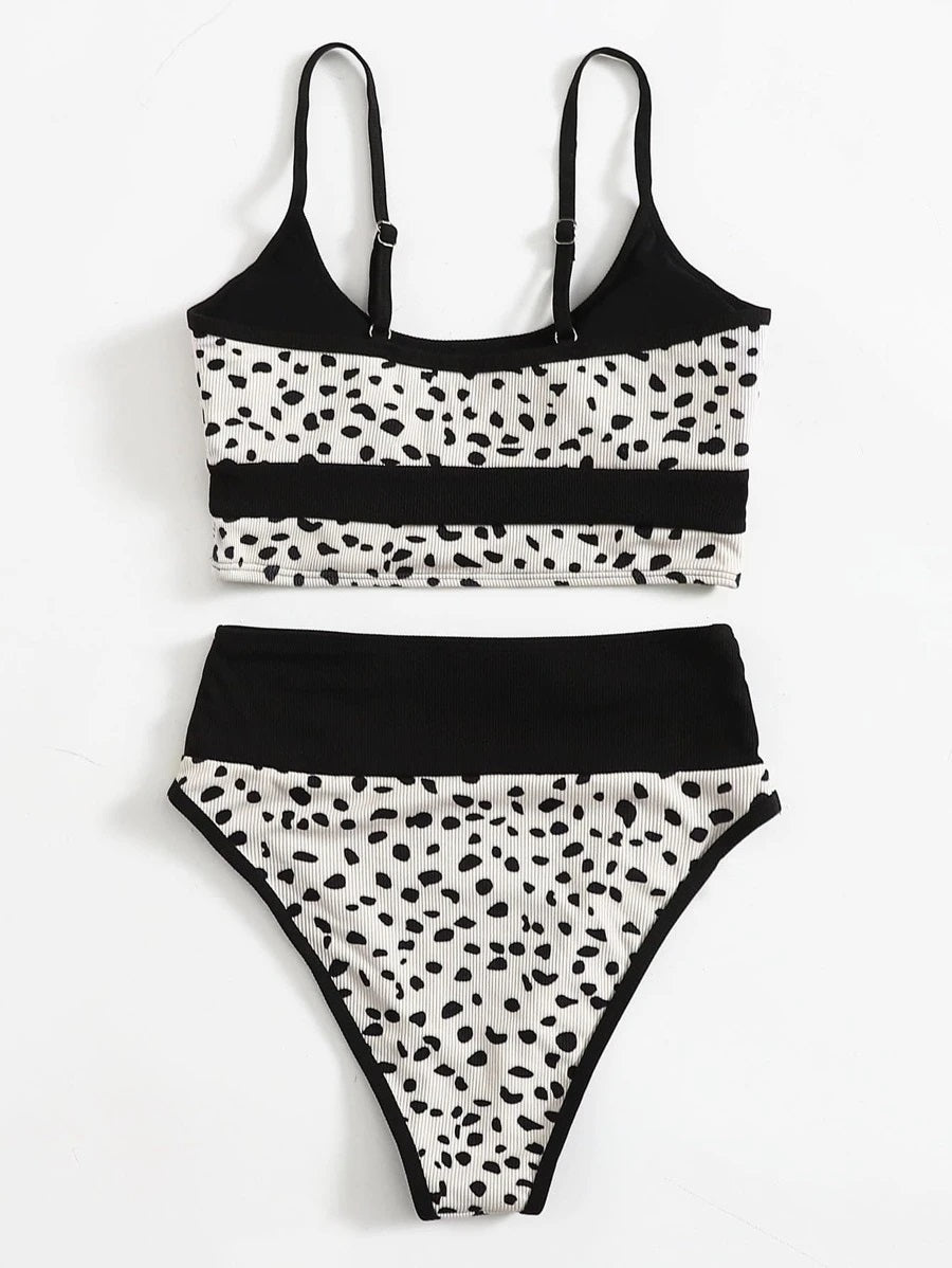 CM-SWS804047 Women Trendy Seoul Style Dalmatian Rib High Waisted Bikini Swimsuit - Black