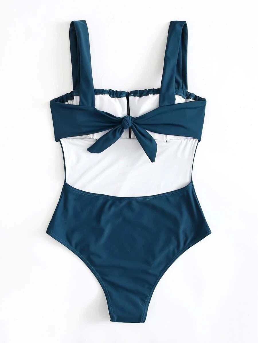 CM-SWS806287 Women Trendy Seoul Style Drawstring Knot Ruched One Piece Swimsuit