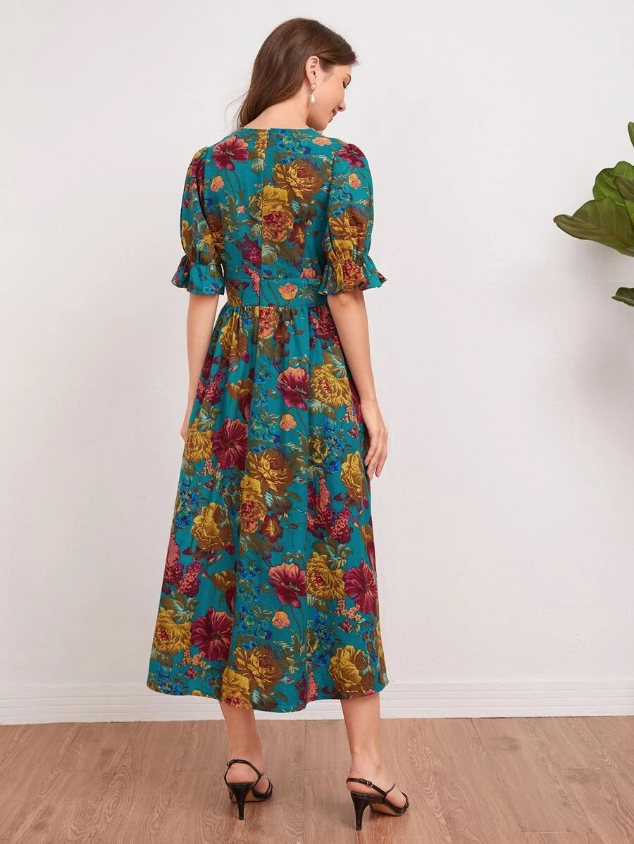 CM-DS716232 Women Elegant Seoul Style Ruffle Cuff Puff Sleeve Allover Floral Print Dress