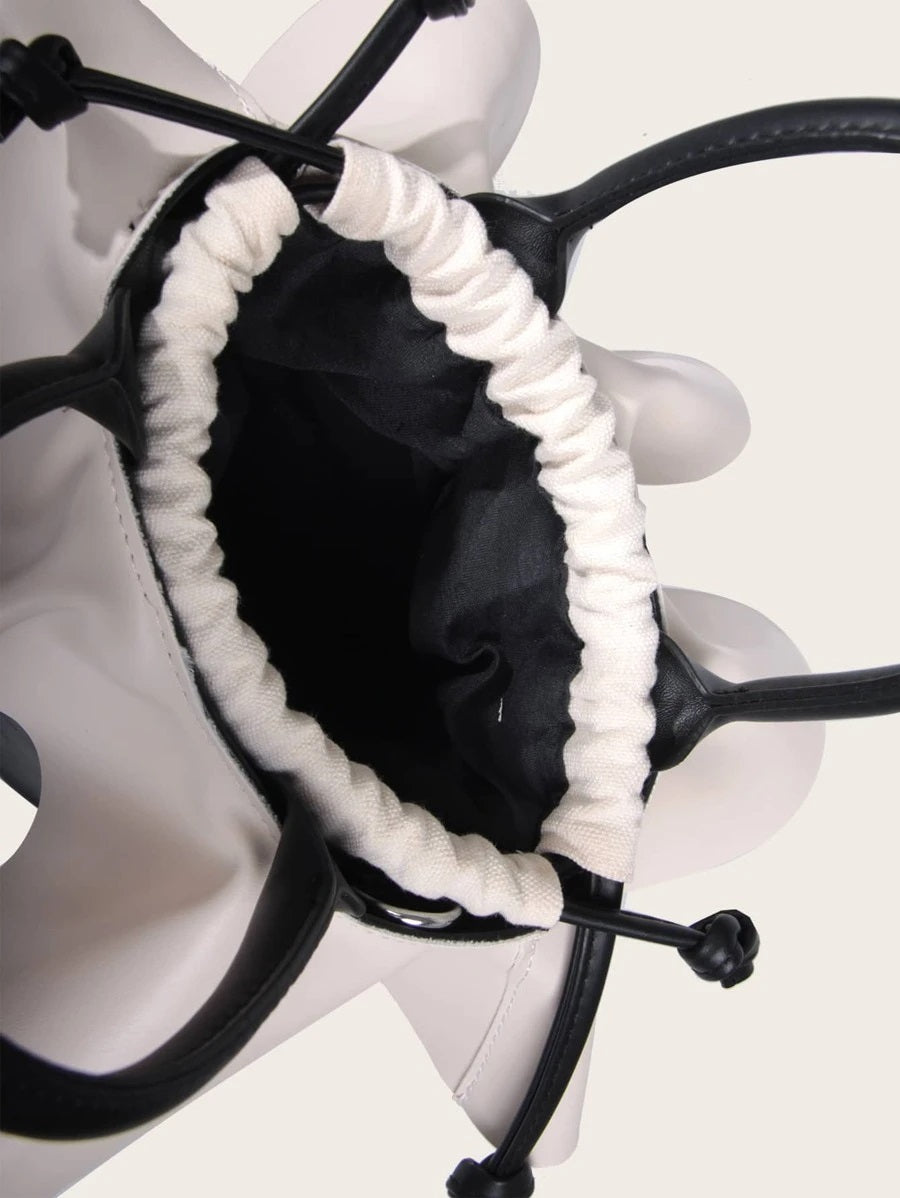 CM-BGS817274 Women Casual Seoul Style Two Tone Ruffle Bucket Bag - Black