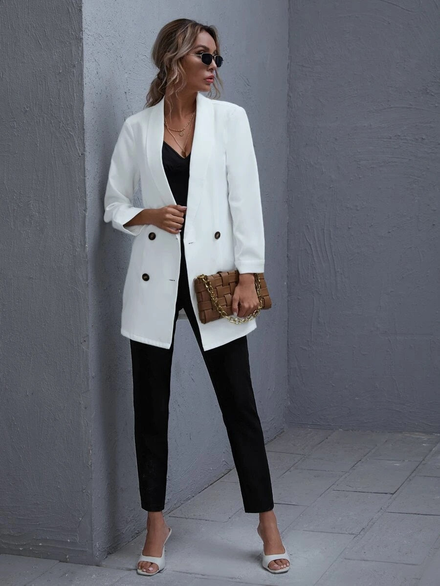 CM-CS804460 Women Casual Seoul Style Long Sleeve Shawl Neck Solid Blazer - White
