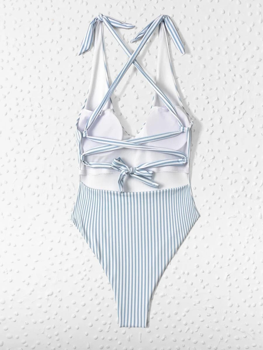 CM-SWS819615 Women Trendy Seoul Style Striped Tie Shoulder One Piece Swimsuit