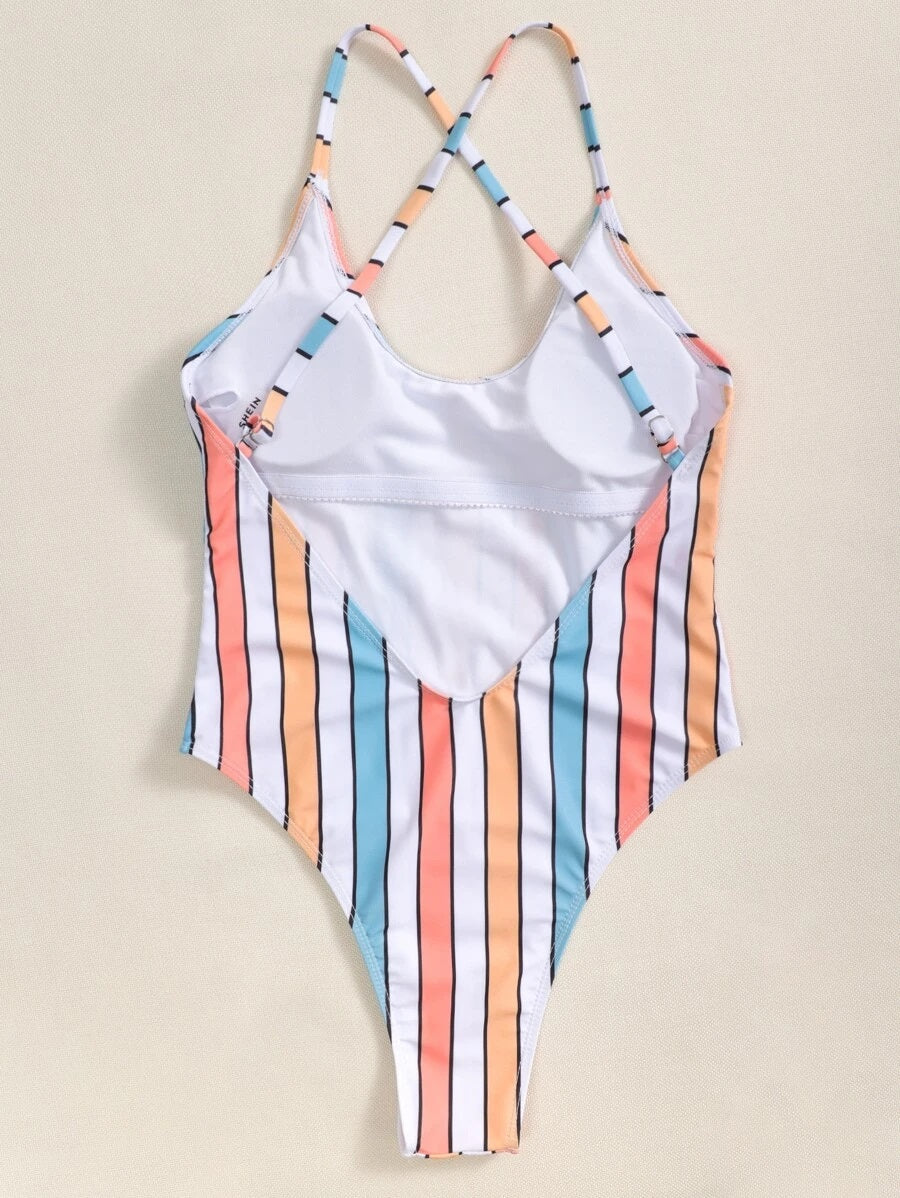 CM-SWS824678 Women Trendy Seoul Style Multicolor Striped One Piece Swimsuit