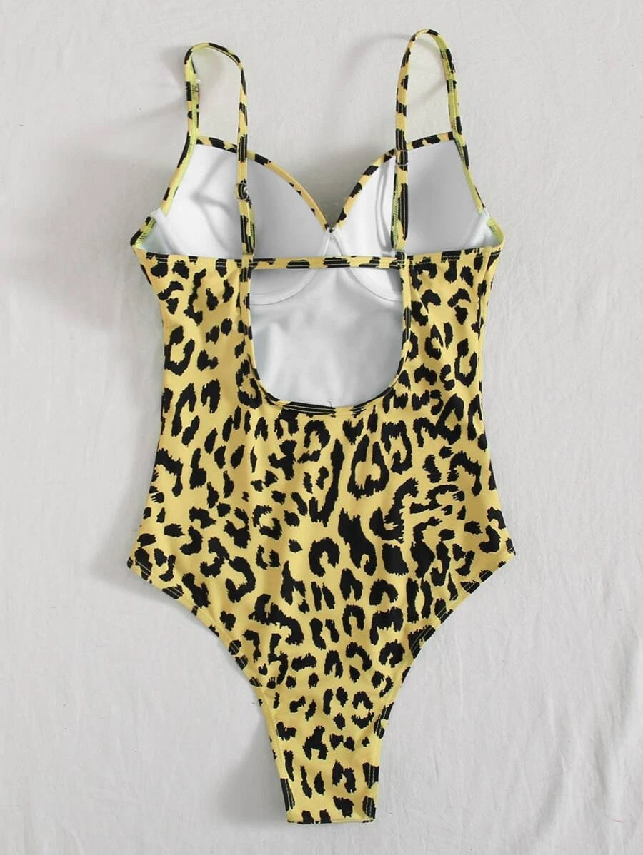 CM-SWS824280 Women Trendy Seoul Style Leopard Underwire One Piece Swimsuit - Yellow
