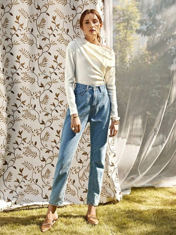 CM-TS807718 Women Casual Seoul Style Long Sleeve Solid Asymmetrical Neck Tee - Beige