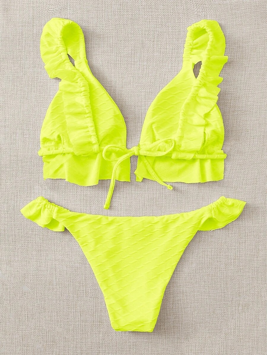 CM-SWS827069 Women Trendy Seoul Style Textured Ruffle Triangle Bikini Swimsuit - Lime Green