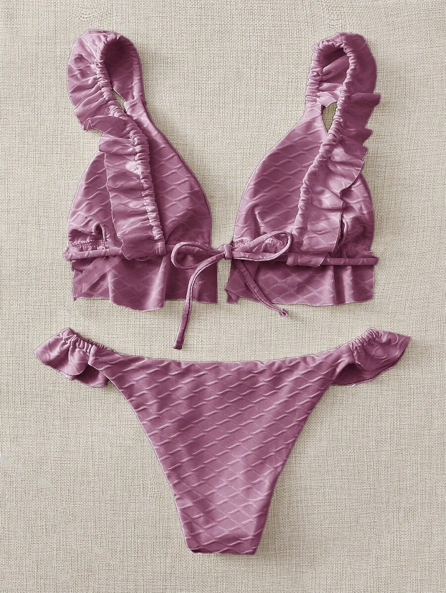 CM-SWS827192 Women Trendy Seoul Style Textured Ruffle Triangle Bikini Swimsuit - Purple