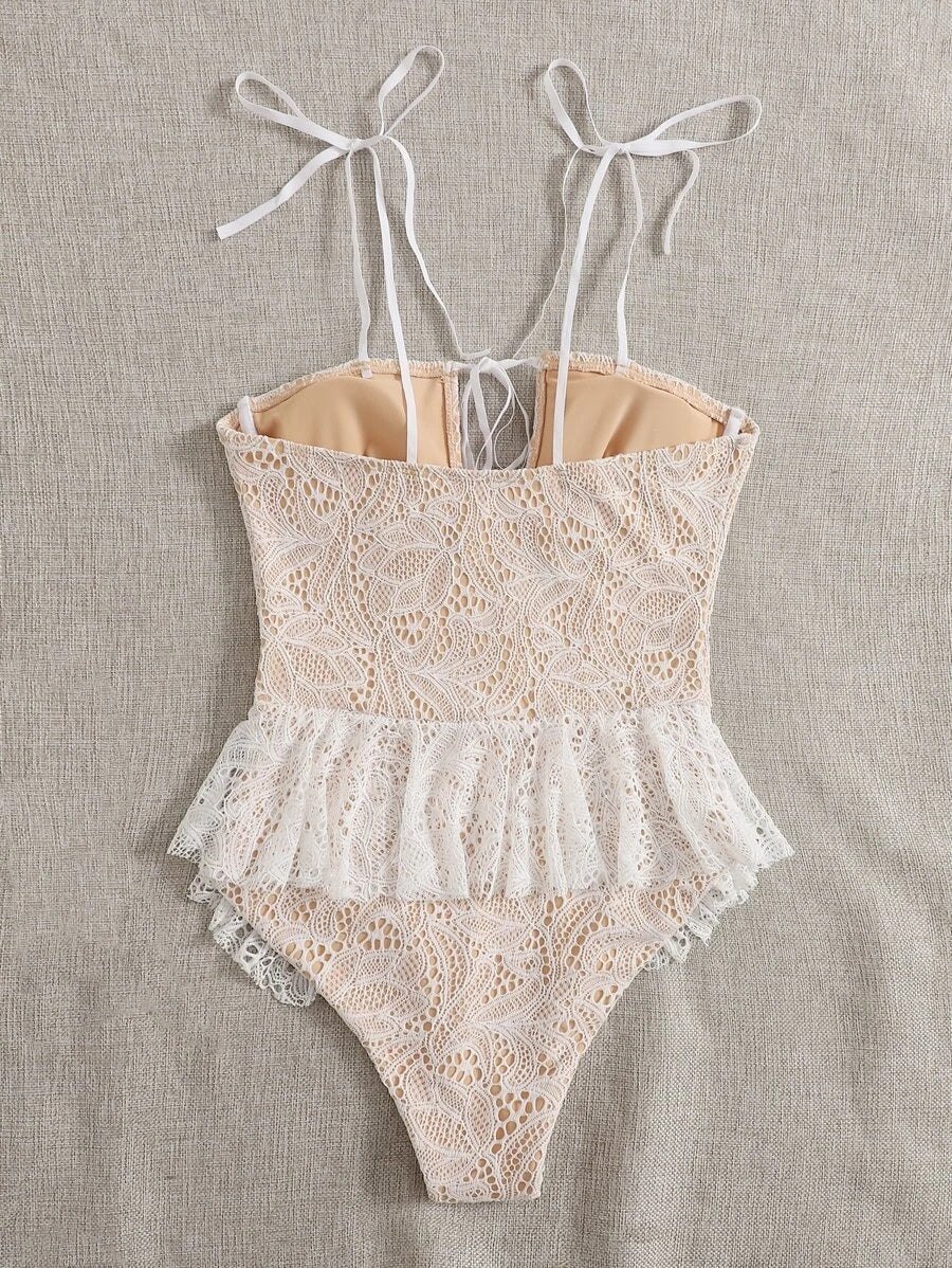 CM-SWS903838 Women Trendy Seoul Style Floral Lace Ruffle Hem Knot One Piece Swimsuit - White