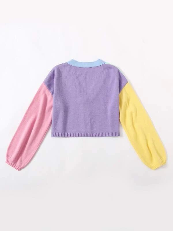 CM-CS815289 Women Casual Seoul Style V-Neck Button Up Colorblock Cardigan