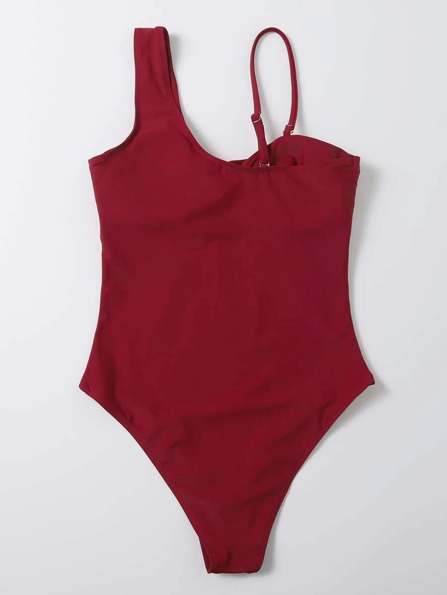 CM-SWS908491 Women Trendy Seoul Style Twist Front One Piece Swimsuit - Wine Red