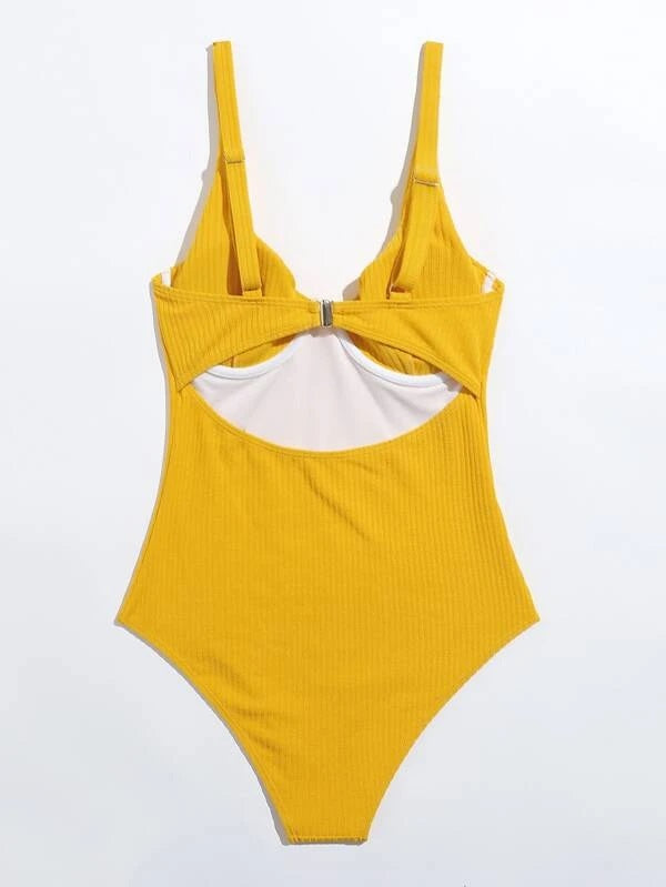 CM-SWS911981 Women Trendy Seoul Style Rib Underwire One Piece Swimsuit - Yellow