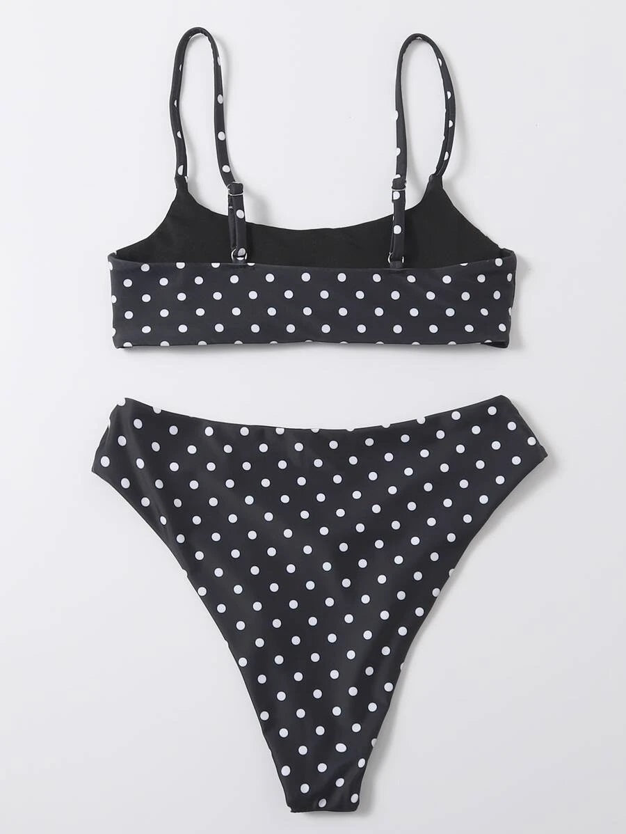 CM-SWS907803 Women Trendy Seoul Style Polka Dot Bikini Swimsuit - Black