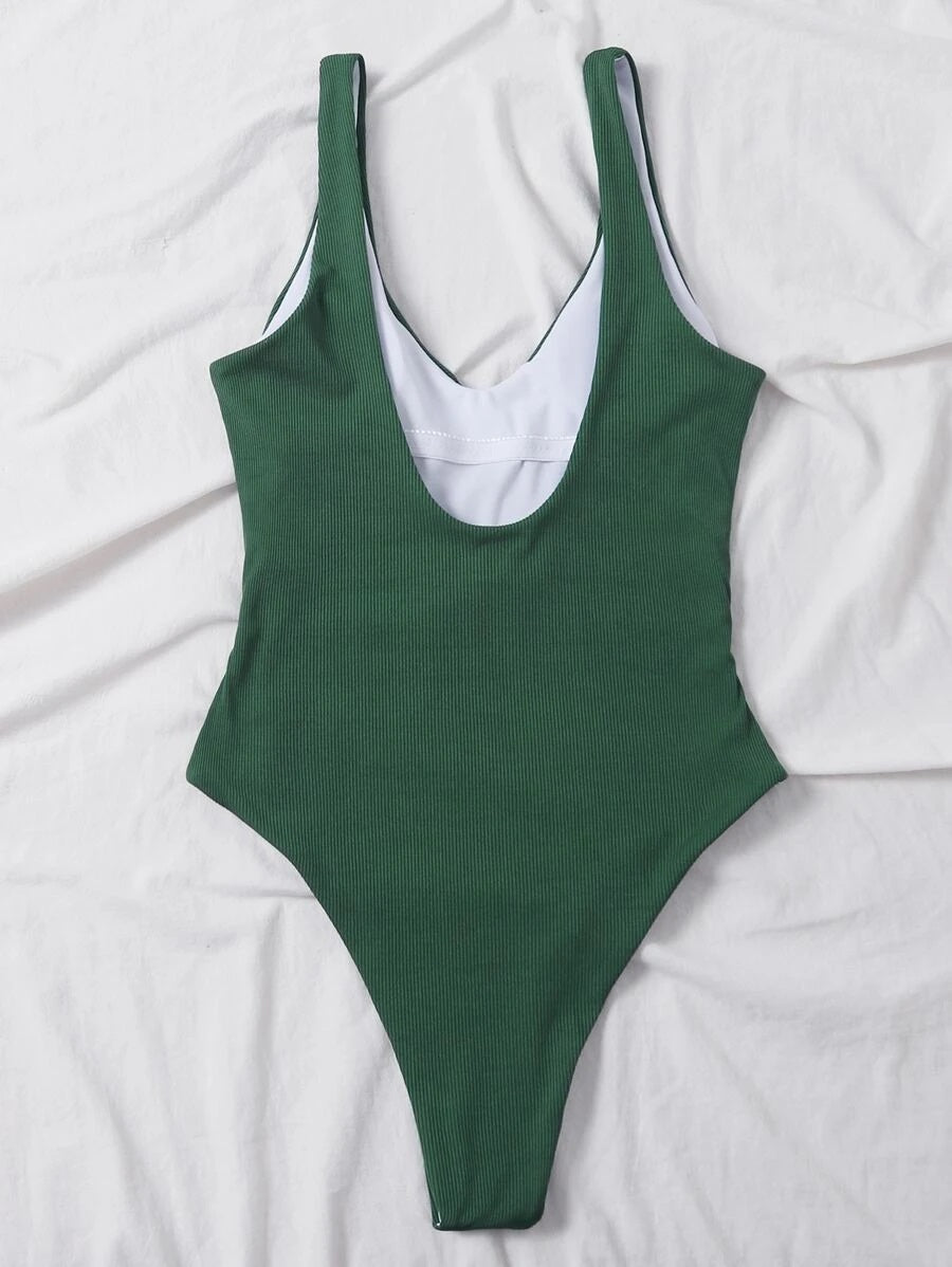 CM-SWS908202 Women Trendy Seoul Style Rib Ring Linked One Piece Swimsuit - Green