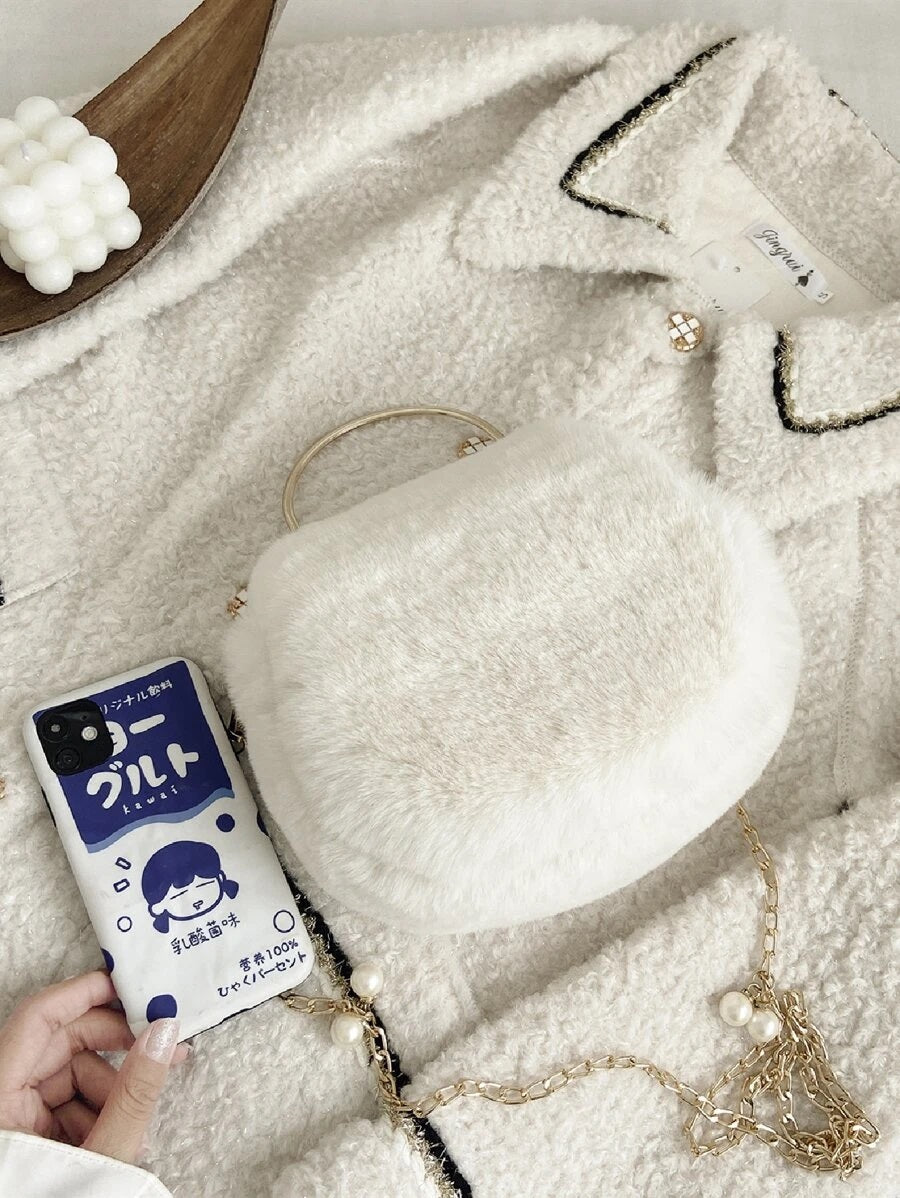 CM-BGS915725 Women Trendy Seoul Style Faux Pearl Decor Fluffy Satchel Bag - White