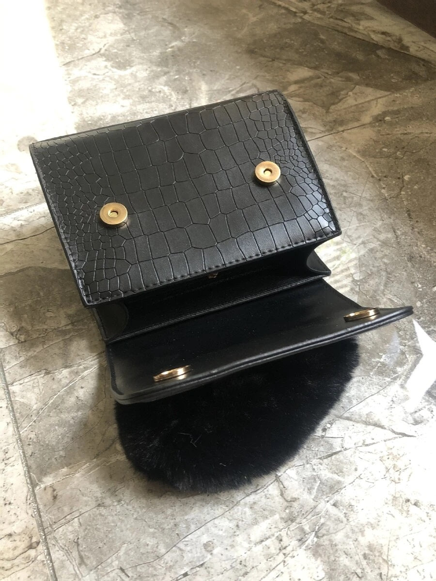 CM-BGS915866 Women Trendy Seoul Style Faux Fur Handle Croc Embossed Satchel Bag - Black