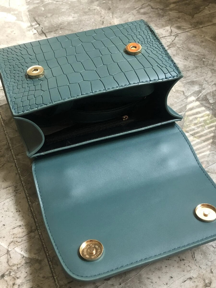 CM-BGS915882 Women Trendy Seoul Style Faux Fur Handle Croc Embossed Satchel Bag - Blue