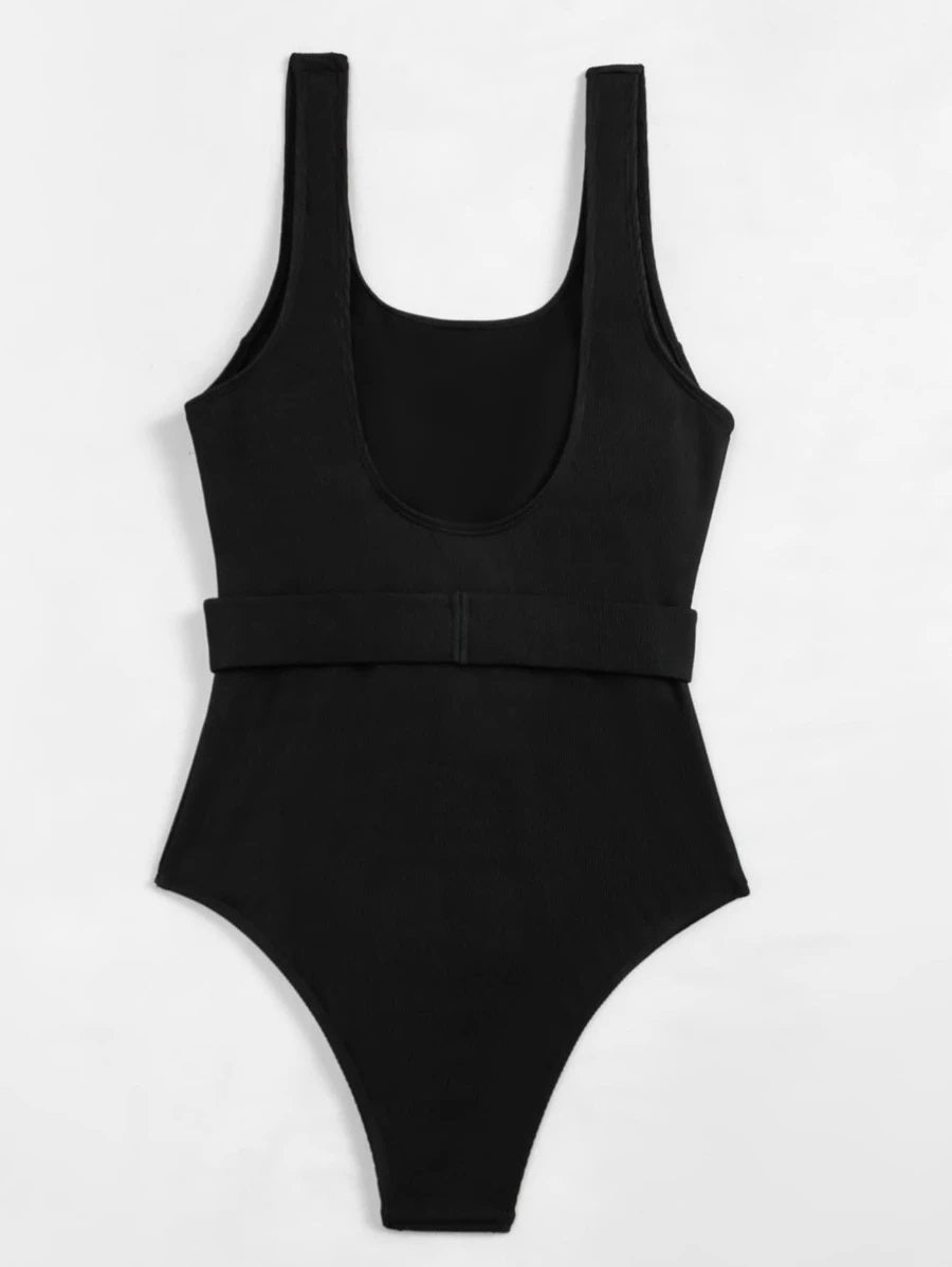 CM-SWS916054 Women Trendy Seoul Style Rib Buckle Detail One Piece Swimsuit - Black