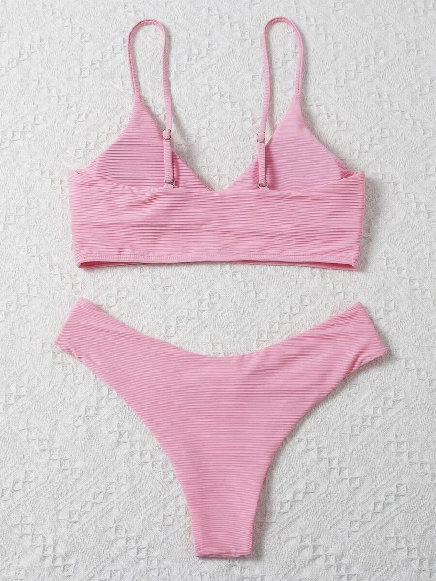 CM-SWS910461 Women Trendy Seoul Style Rib Surplice Neck Bikini Swimsuit - Pink
