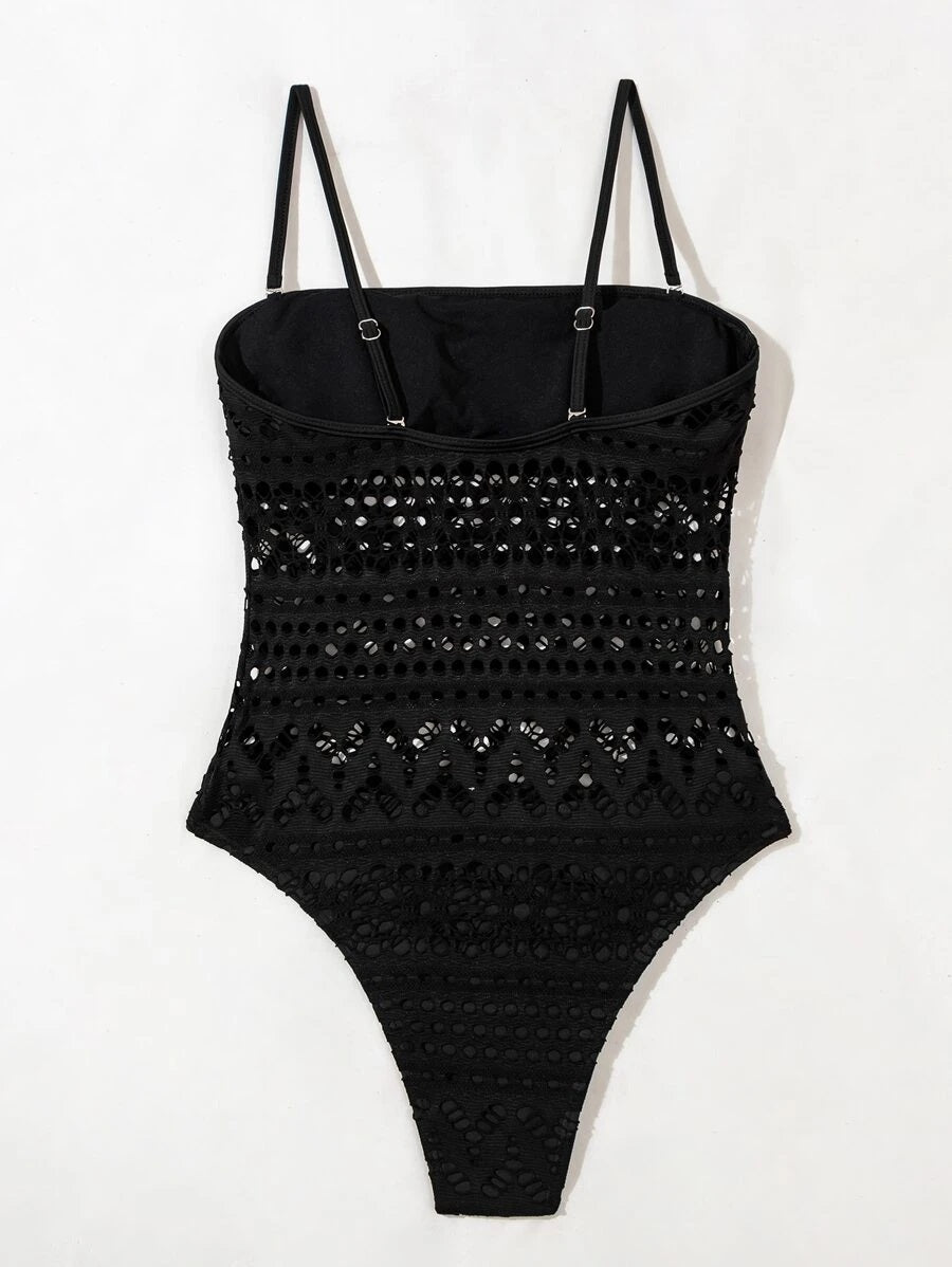 CM-SWS916319 Women Trendy Seoul Style Hollow Out One Piece Swimsuit - Black