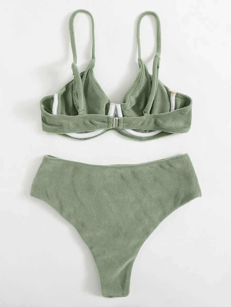 CM-SWS916491 Women Trendy Seoul Style Fuzzy Underwire High Waist Bikini Swimsuit - Army Green