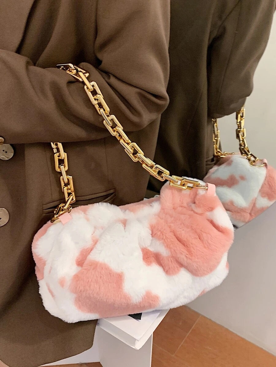 CM-BGS926527 Women Trendy Seoul Style Ruched Fluffy Chain Bag - Pink