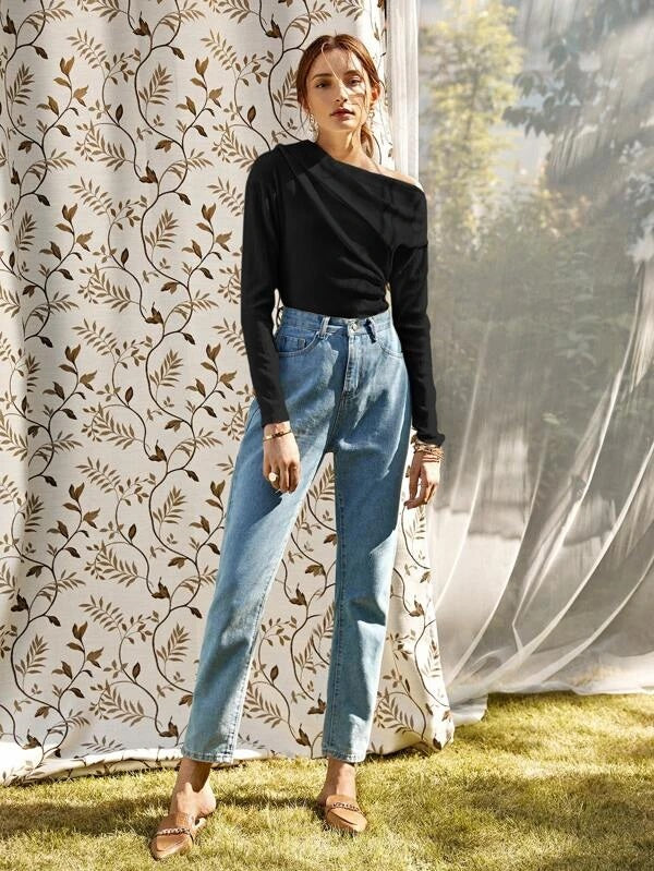 CM-TS914841 Women Casual Seoul Style Long Sleeve Solid Asymmetrical Neck Tee - Black