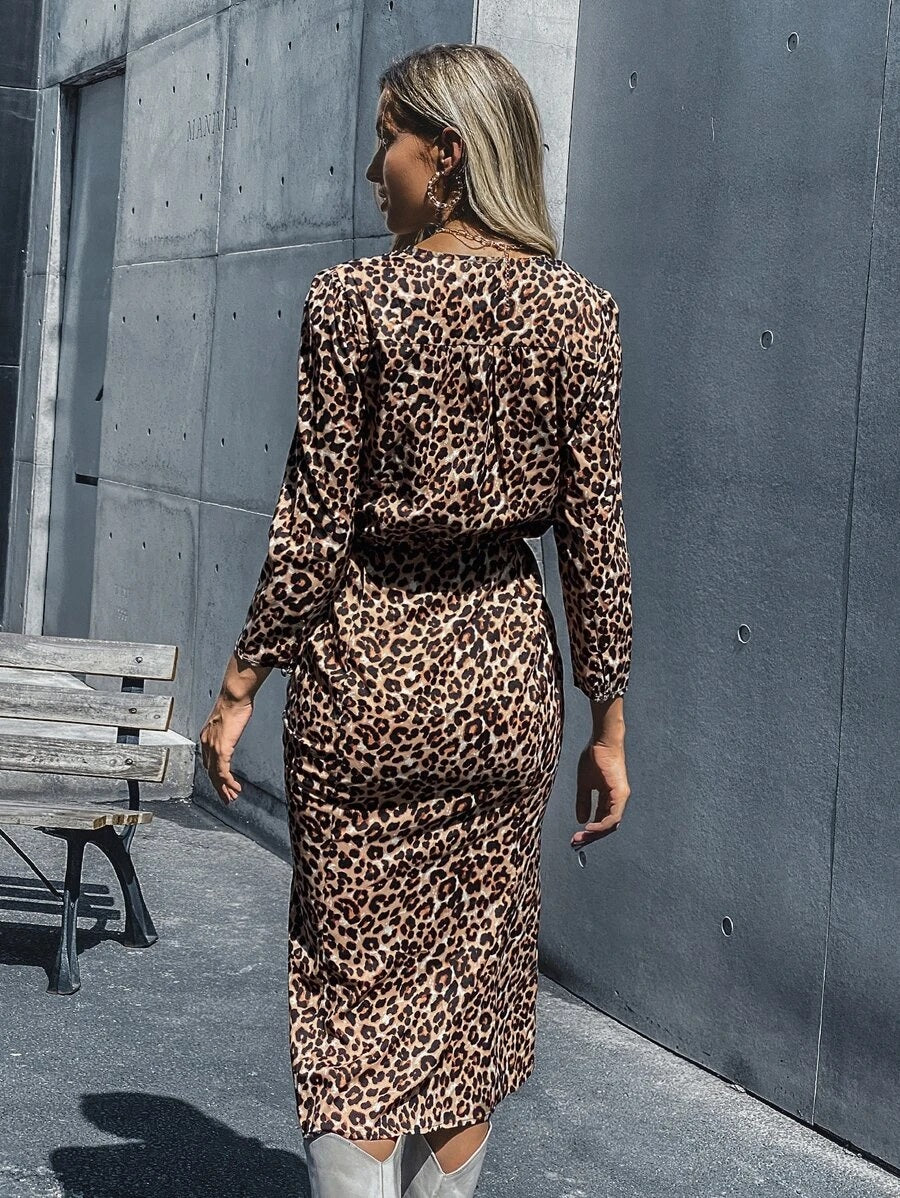 CM-DS914495 Women Casual Seoul Style Print Surplice Front Drawstring Split Thigh Dress