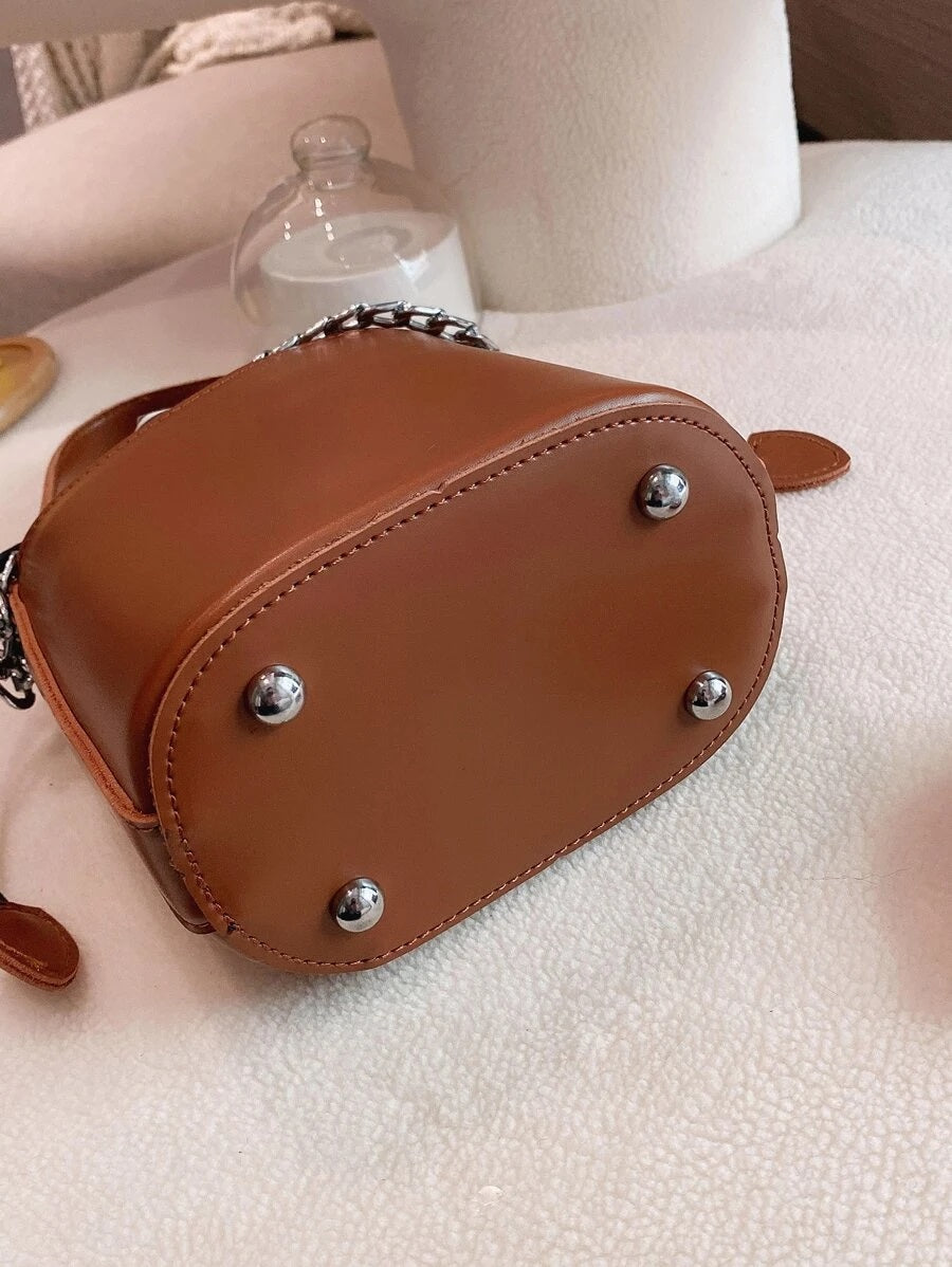 CM-BGS930814 Women Trendy Seoul Style Drawstring Decor Chain Bucket Bag - Brown