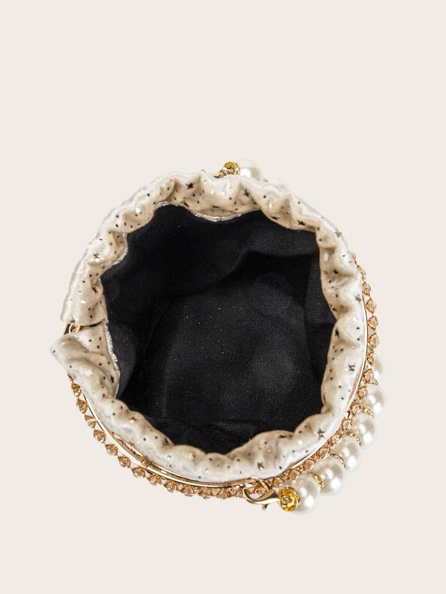 CM-BGS629508 Women Trendy Seoul Style Faux Pearl Rhinestone Decor Clutch Bag
