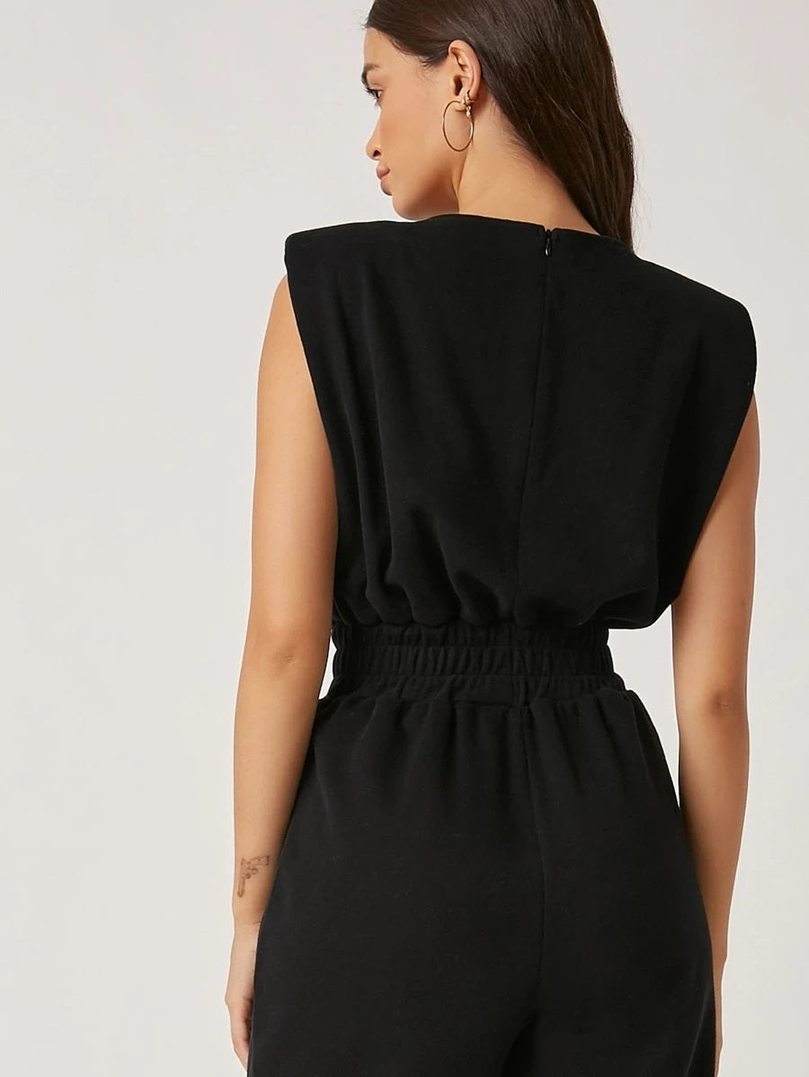 CM-JS914995 Women Casual Seoul Style Padded Shoulder Slant Pocket Jumpsuit - Black